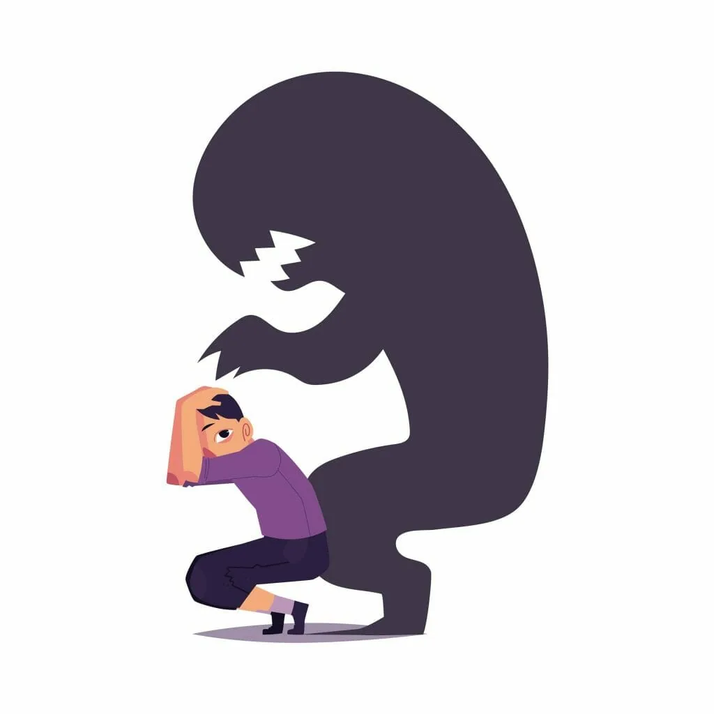 Where money blocks come from: a young man crouching with his hands on his head under a huge dark shadow monster