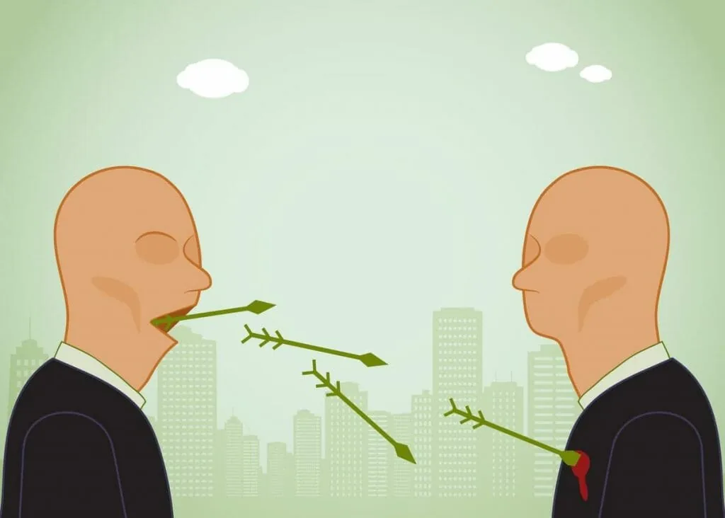 Blatant lies as a sign of disrespect: two cartoon businessmen face each other as arrows fly from one mouth and wound the other