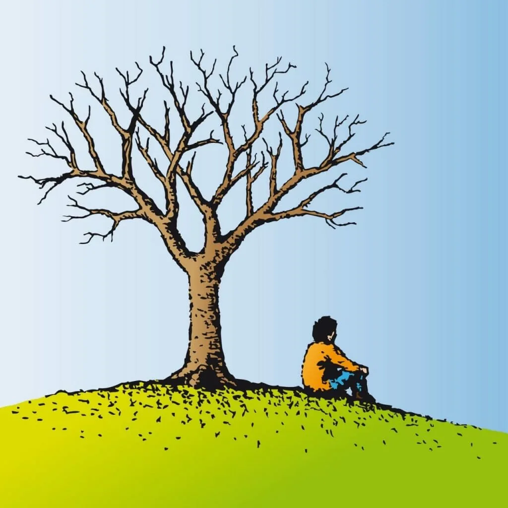 A person sitting alone under a bare tree on a green hill, left out and on their own