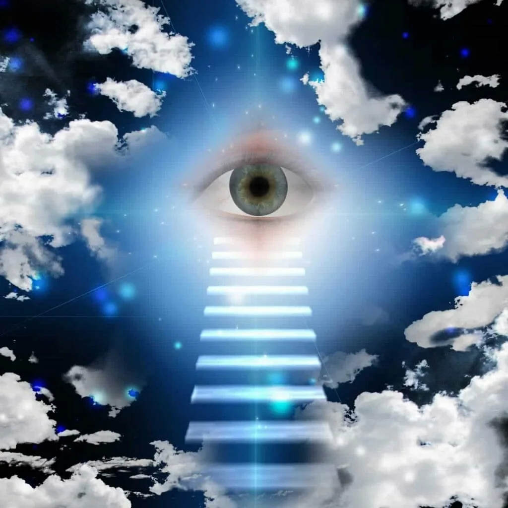 An eye glowing above a lit stairway in a starry sky, a picture of the old question of who, if anyone, writes our fate