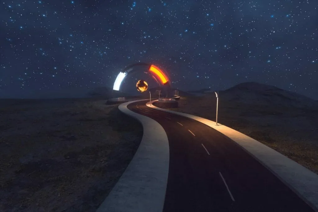 A night road curving toward a glowing ring under a starry sky, a dreamy picture of what you might feel during the raven method