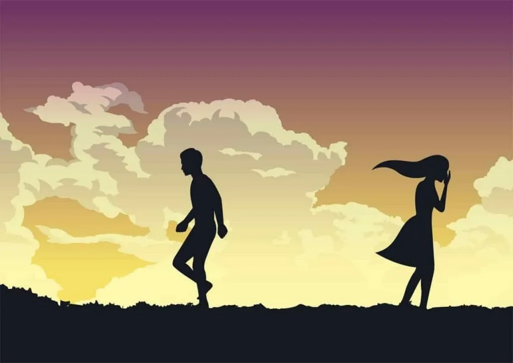 Law of correspondence example: a man and a woman walking apart under a sunset sky
