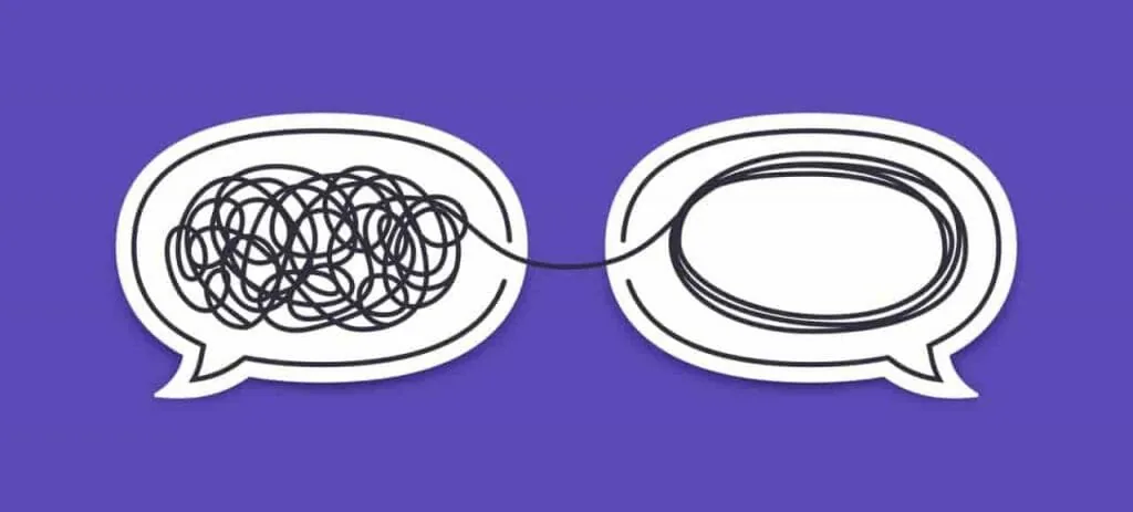 Two speech bubbles joined by one line, one a tangled scribble and one a smooth loop, showing how perception checking untangles a misunderstanding