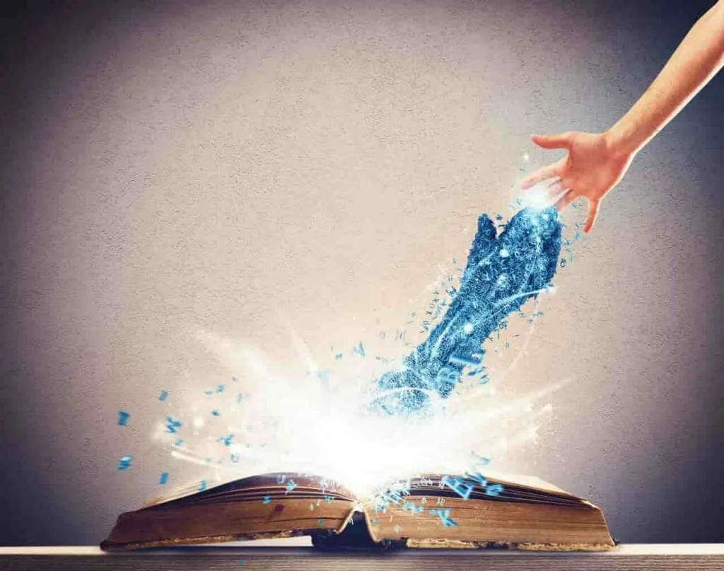 Writing a manifestation script: light and tiny letter shapes rising from an open book toward a reaching hand