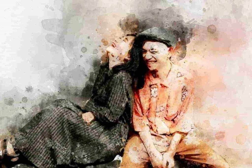 Watercolor of two friends sitting close and laughing together, the ease that grows when people ask before they assume
