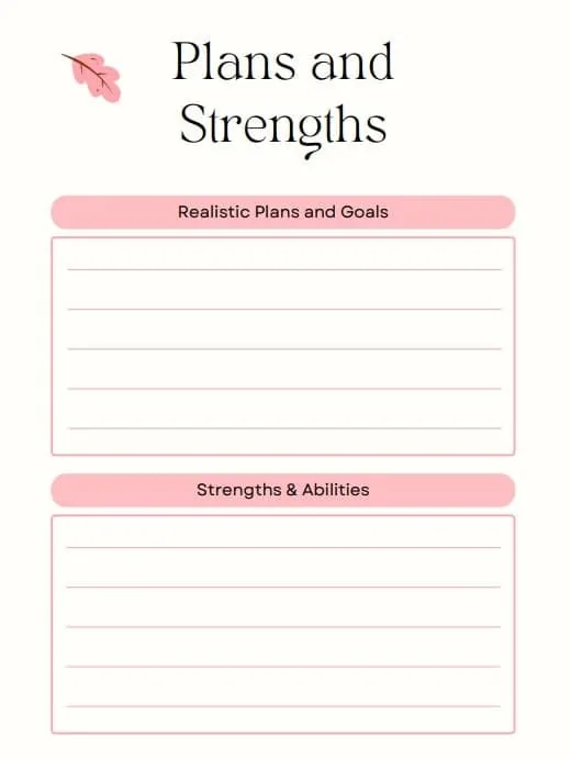 Plans and strengths page of a manifestation journal template: a pink sheet with lined boxes for realistic plans and goals and for strengths and abilities