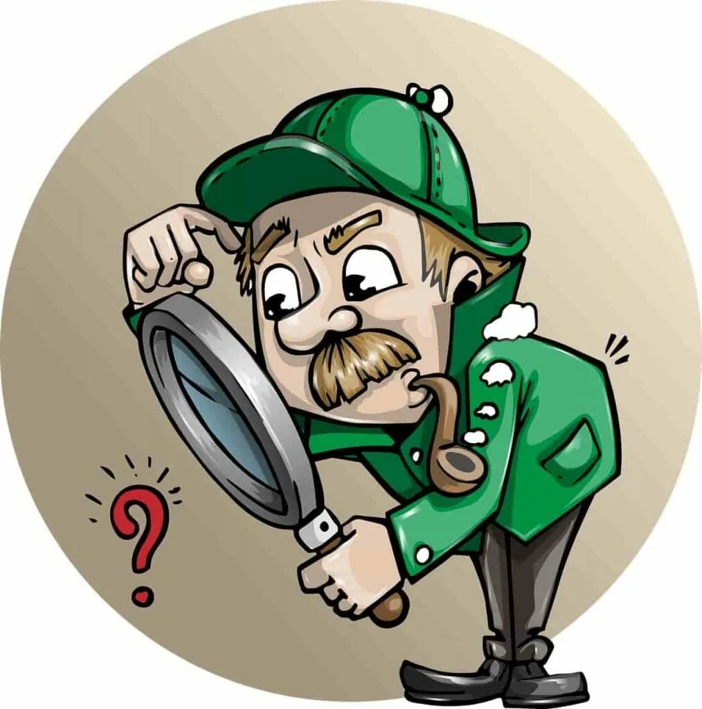 Cartoon detective studying a clue through a magnifying glass beside a red question mark, checking before deciding as the three steps of perception checking ask