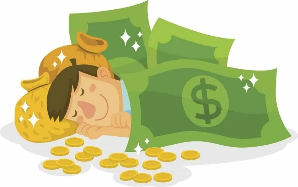 Cartoon of a man asleep and smiling under giant banknotes, the daydream of manifesting money fast or overnight