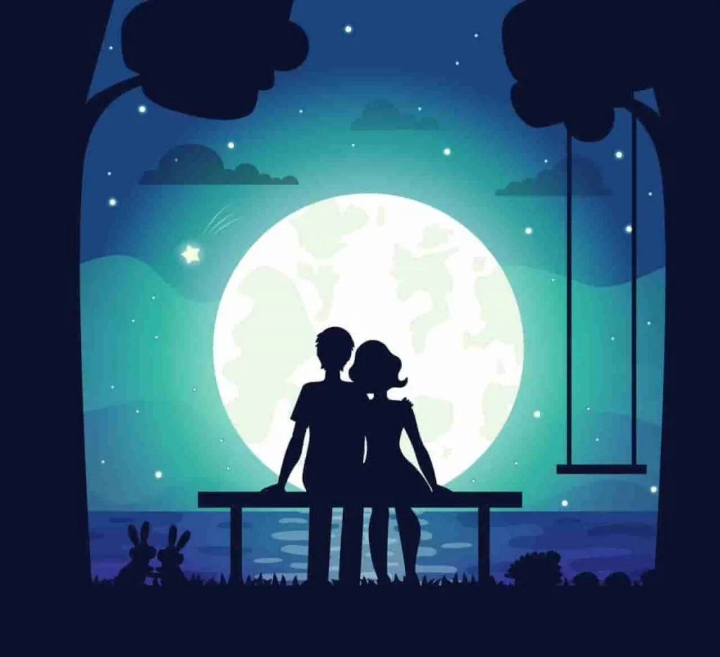 A couple in silhouette sitting on a bench under a full moon by the water, a calm desired reality scene