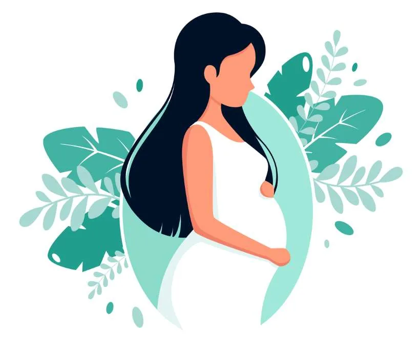 4321 meaning for pregnancy: an illustration of a pregnant woman with long dark hair holding her belly, framed by green leaves