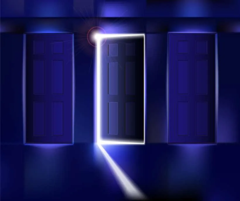 Shifting to your DR from your waiting room: three doors in a dark blue room, the middle one open with bright light pouring out