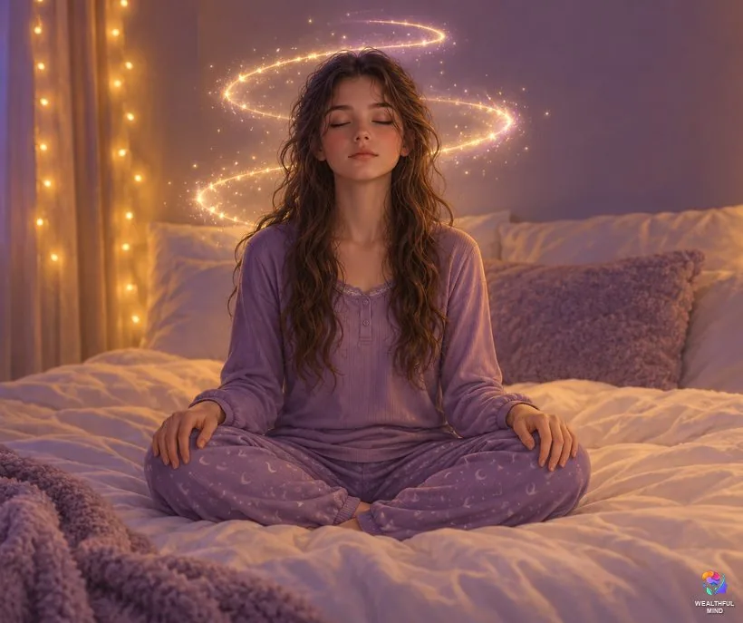 Reality shifting and self-hypnosis: a girl in deep calm focus with a soft spiral of light around her