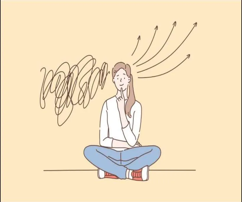 Questions about the 5 senses method: a young woman sitting cross-legged and thinking as tangled lines turn into clear arrows