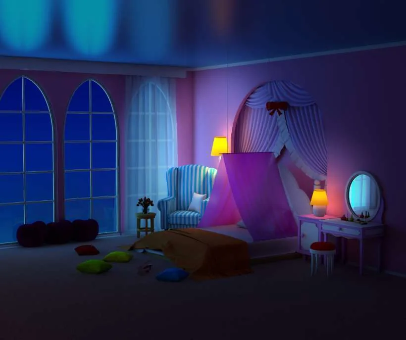 Shifting to your waiting room with Cinn's method: a cosy room at night with tall arched windows, a canopy bed and soft lamps