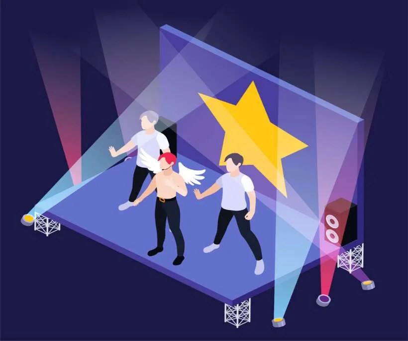 A K-pop idol desired reality: three singers dancing on a lit stage with a big gold star