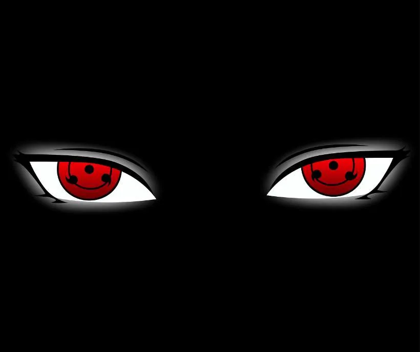 Naruto and battle anime desired realities: a pair of glowing red anime-style eyes on a black background