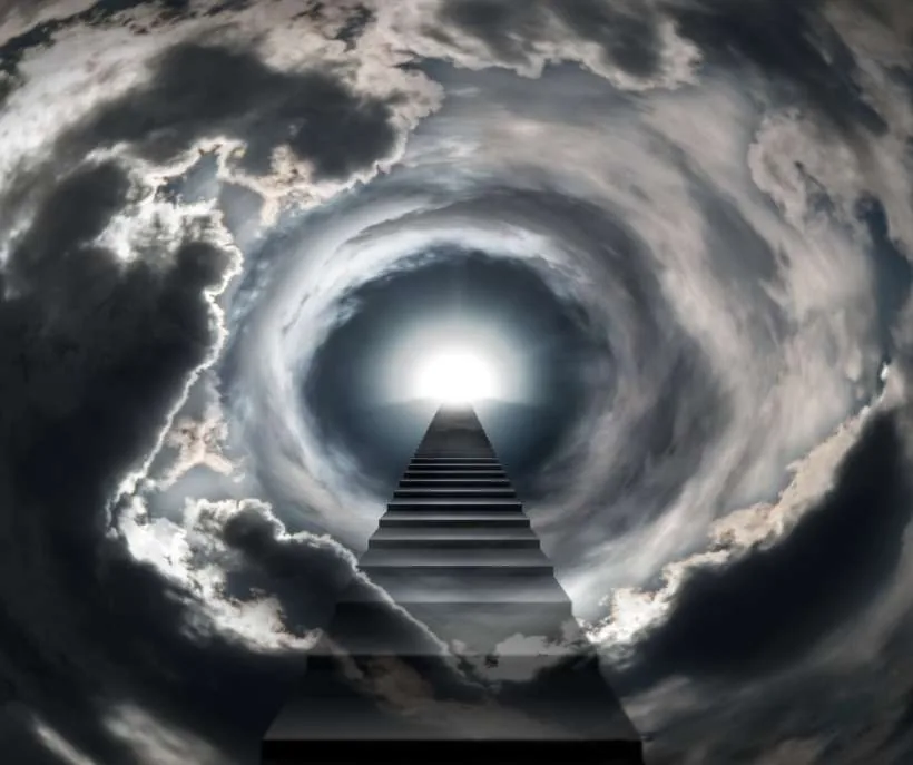 Single staircase method shifting: a long stone staircase rising through swirling storm clouds toward a bright light at the top