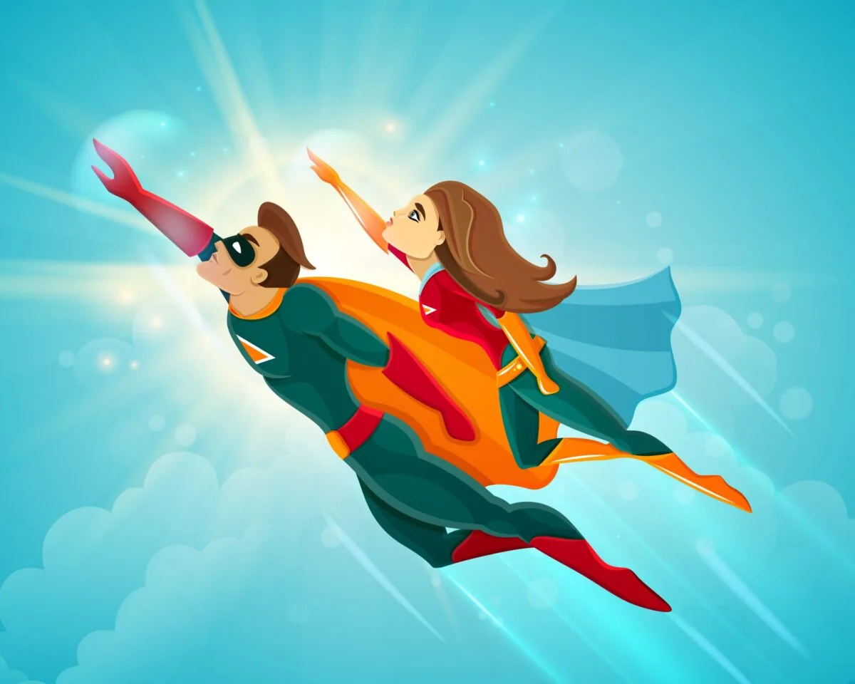Sunrise Method #2: a man and a woman dressed as cartoon superheroes, flying up side by side toward a bright sun