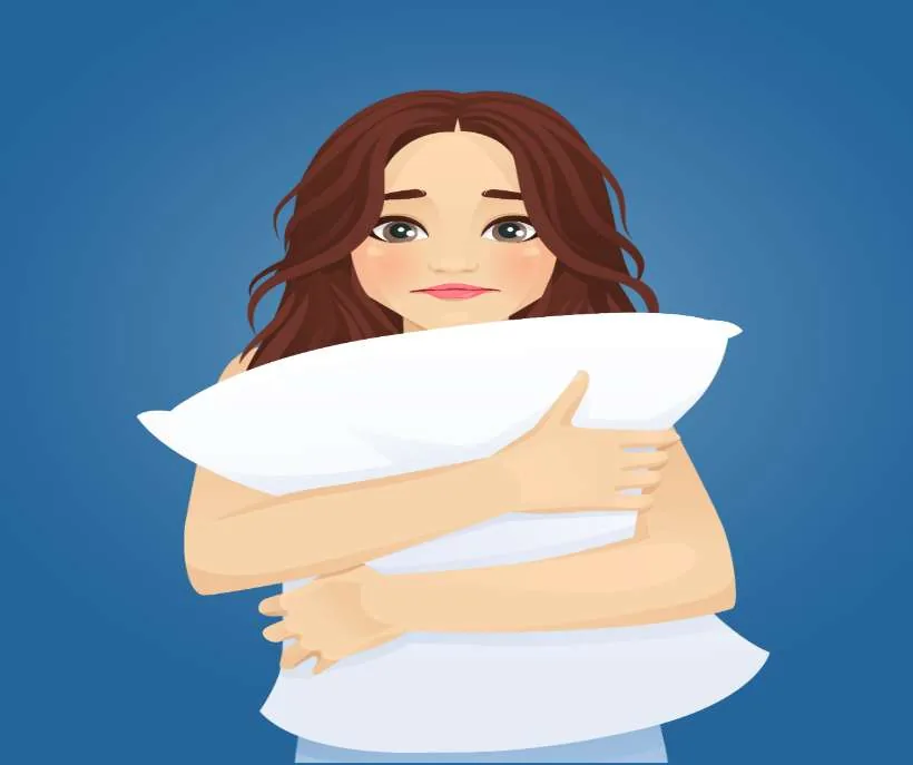 In your arms method step 1: a cartoon girl hugging a big white pillow to her chest against a blue background