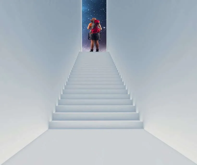 The goodbye step in the double-sided staircase method: a traveler with a red backpack at the top of a white staircase, facing an opening onto a starry sky