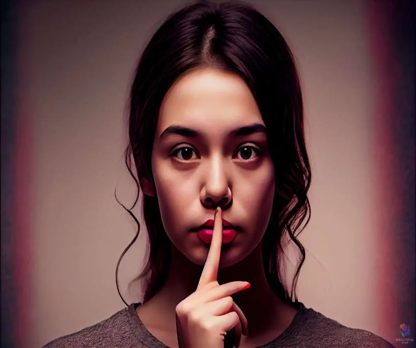 Something is not safe to say yet: a young woman holding one finger to her lips in a quiet shush