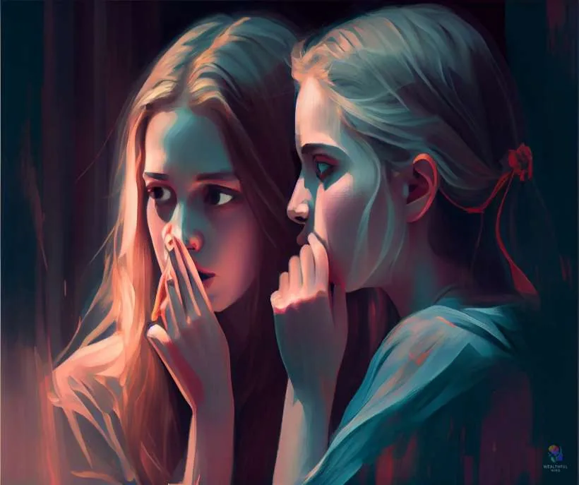 Biting tongue as a warning about gossip: two young women whispering behind their hands to each other