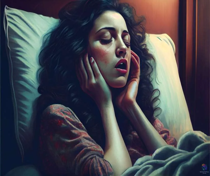Biting your tongue after talking in your sleep: a woman asleep against her pillow, mouth open, hands at her cheeks