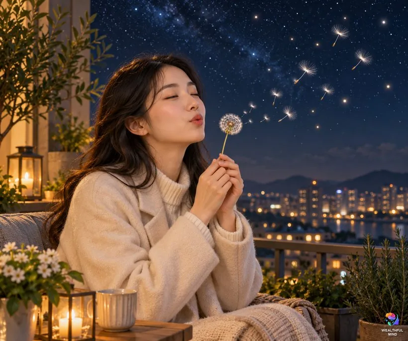 1x11 method vs the 11:11 wish: a young woman making a wish at night as glowing dandelion seeds float up