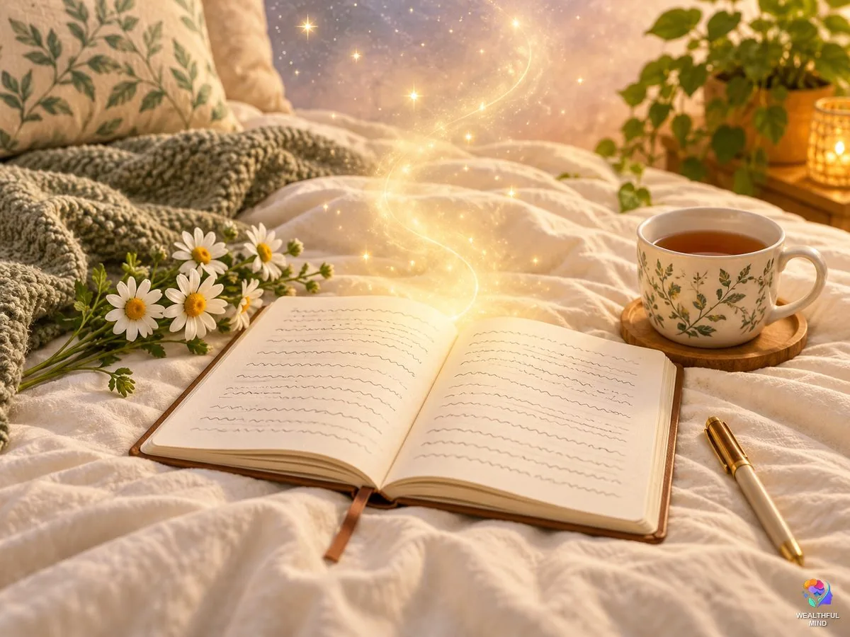 1x11 manifestation method guide: a notebook of repeated handwritten manifestations glowing softly on a bed