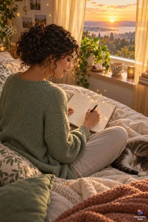 1x11 manifestation method: a young woman writing her manifestation in a notebook on her bed in the morning light