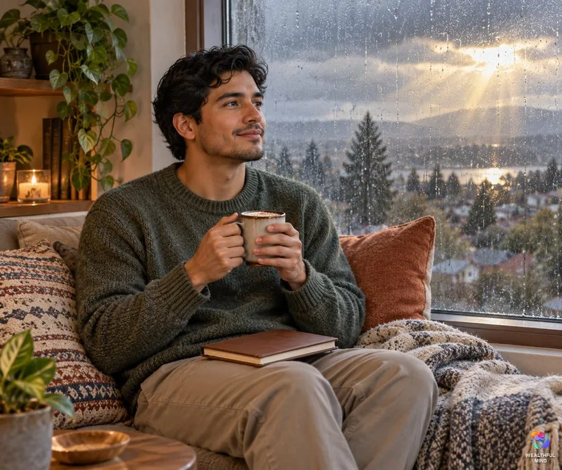 When the 1x11 method does not go to plan: a young man pausing with his manifestation notebook on a rainy afternoon