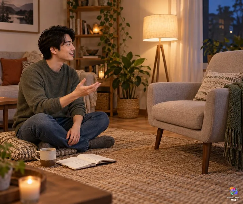 The 3-2-1 shadow work process: a young man talking calmly to an empty chair in his living room
