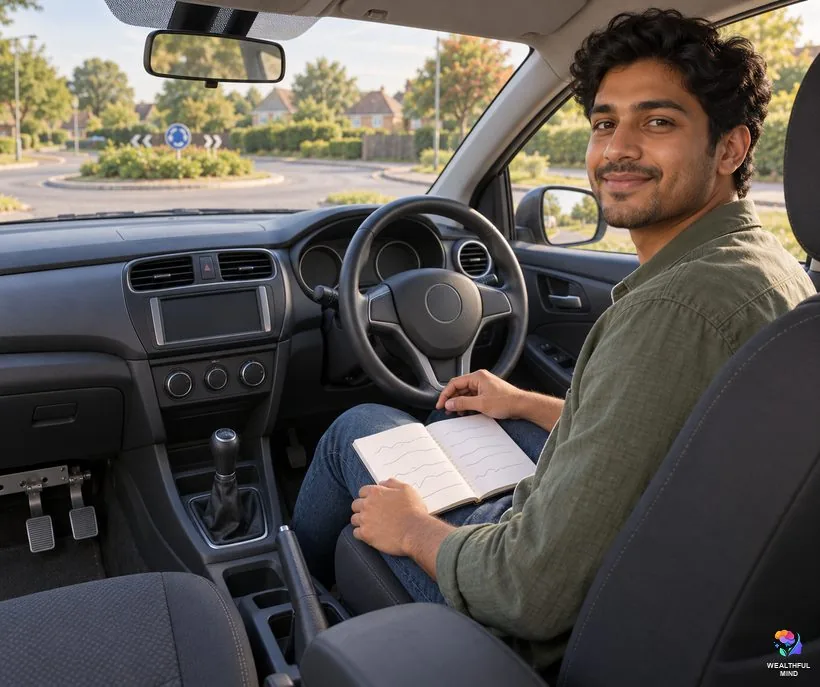 369 method example: a young man with his manifestation notebook in the car before his driving test