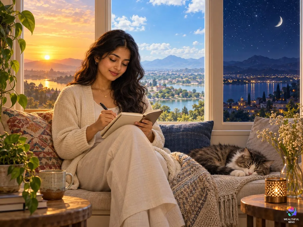 369 method: a young woman writing her manifestation by a window as morning, day and night pass behind her