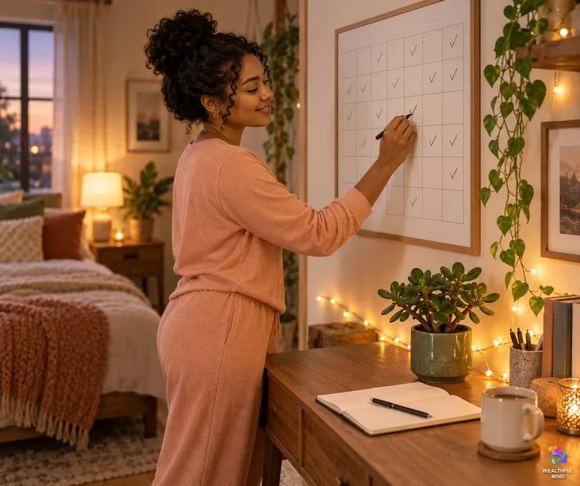 369 method how many days: a young woman ticking off another day of her manifestation round on a wall calendar