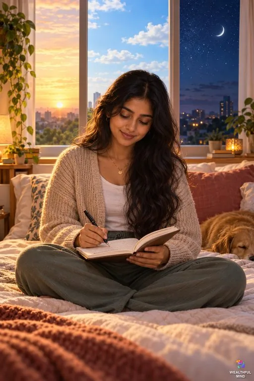 369 method: a young woman writing her manifestation in a notebook as morning, afternoon and night pass behind her window