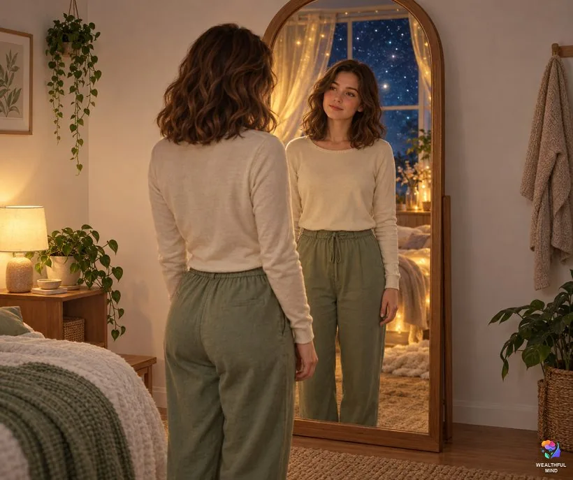 The 3D is a mirror: a young woman in front of a mirror that shows her room as a softly different, dreamlike version
