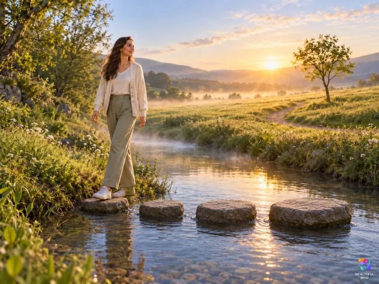 4321 angel number meaning: a young woman crossing four stepping stones toward a sunlit meadow at sunrise