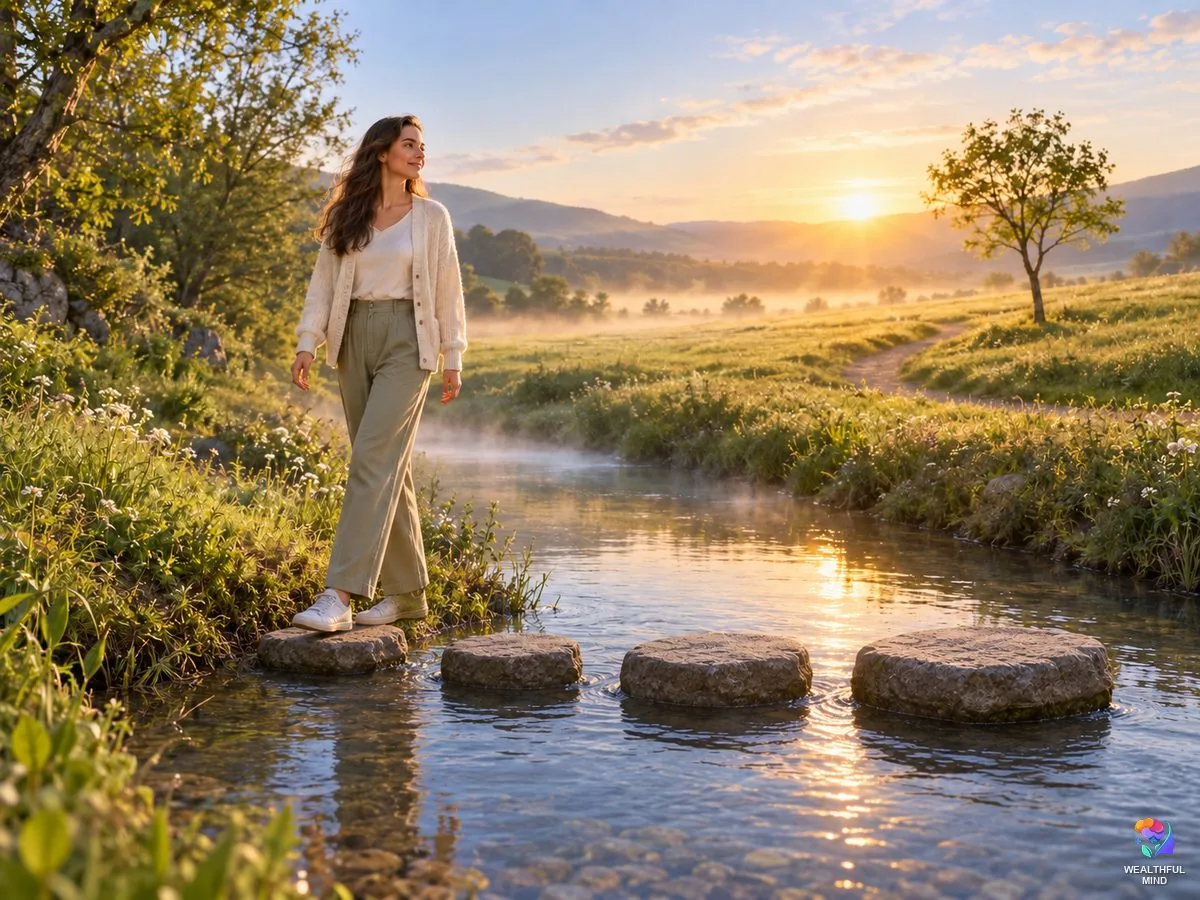 4321 angel number meaning: a young woman crossing four stepping stones toward a sunlit meadow at sunrise