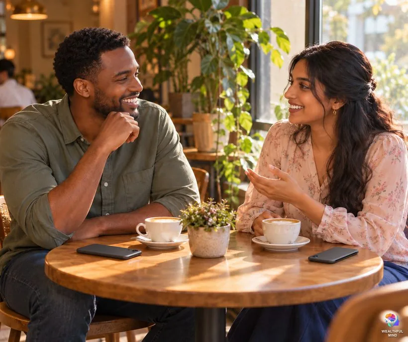 4321 angel number meaning in love: a young couple talking at a cafe table with their phones put away