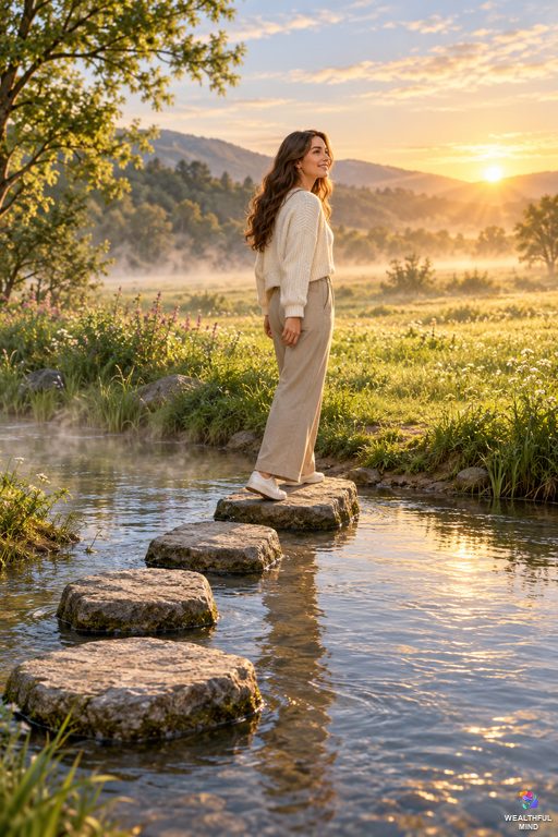 4321 angel number: a young woman on the last of four stepping stones across a stream at sunrise, ready for a fresh start
