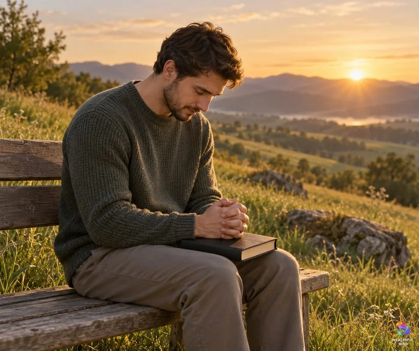 Is 4321 in the Bible: a young man praying at sunrise on a hillside with a closed Bible on his knees