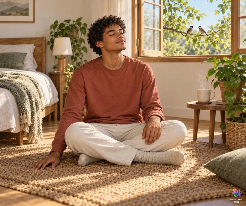 5-4-3-2-1 grounding vs the 5 senses method: a young man noticing the sights, sounds and textures of his real room