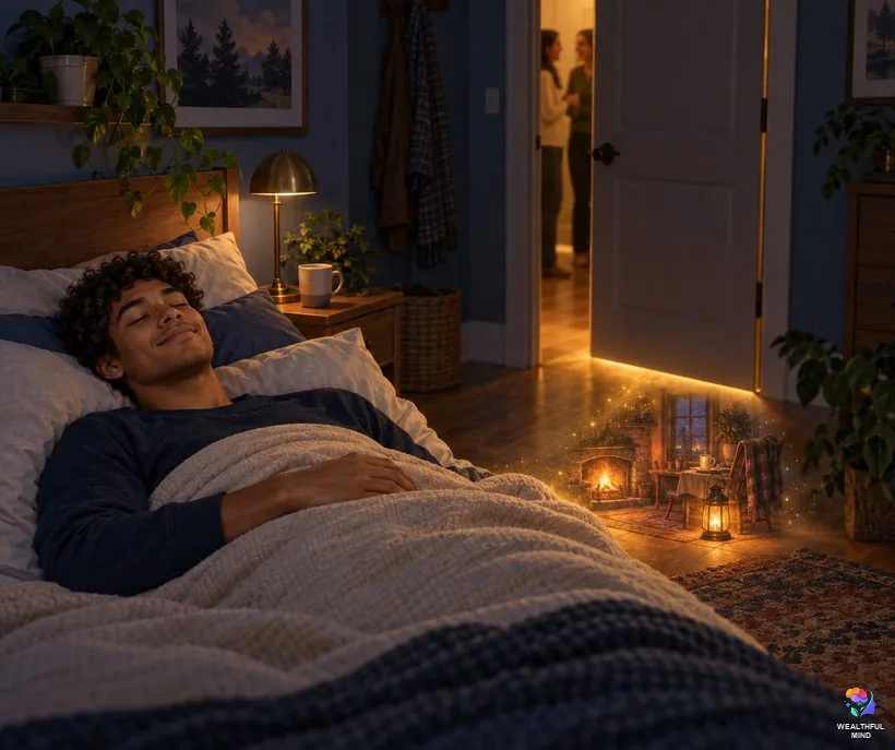 Common 5 senses method problems: a young man in bed turning noise from the hallway into part of his desired reality