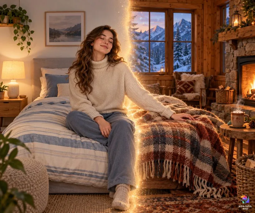 Sense prompts for the 5 senses method: a real bedroom turning into a desired reality mountain cabin with fire, blanket and cocoa