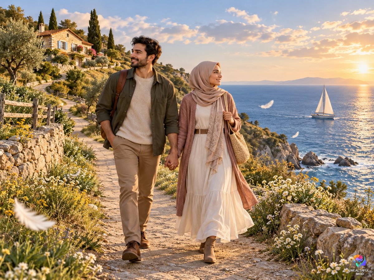 5206 angel number meaning: a young couple on a coastal path looking toward the open sea and a cosy home