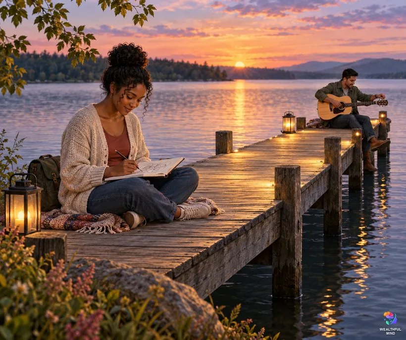5206 angel number twin flame: two young adults at either end of a pier at dusk, joined by a ribbon of golden light