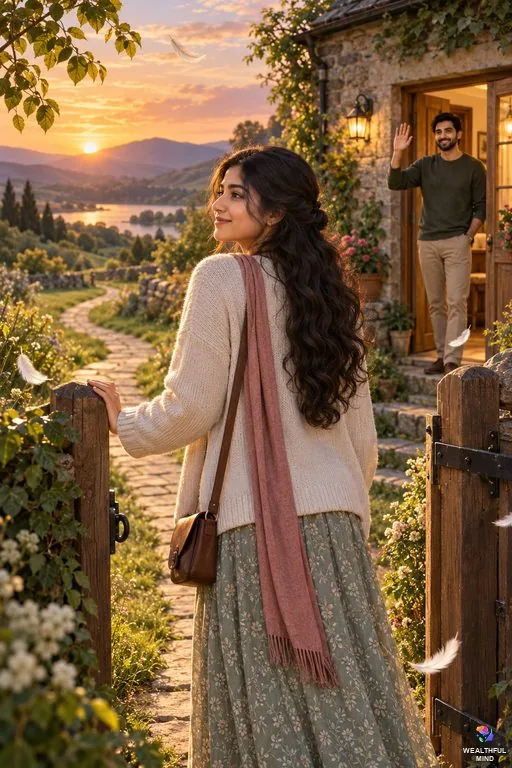 5206 angel number: a young woman at an open garden gate between a path to the hills and a warm home behind her