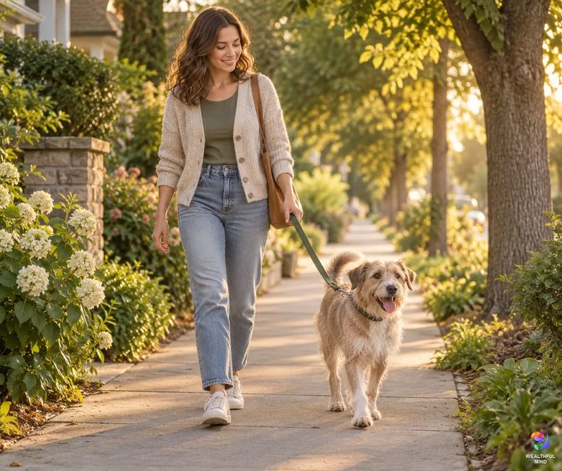Living the week after the 55x5 manifestation method: a young woman walking a rescue dog at sunset