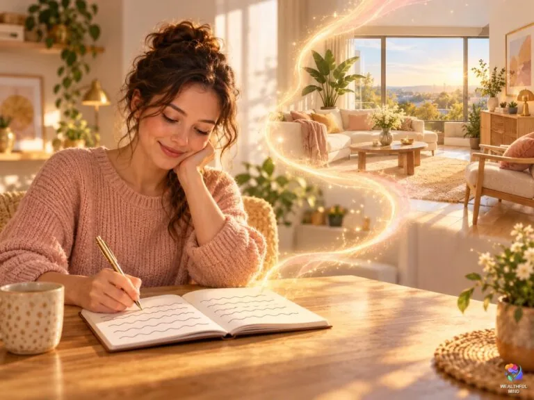 55x5 method: a young woman writing her manifestation as a trail of light rises toward the home she wishes for